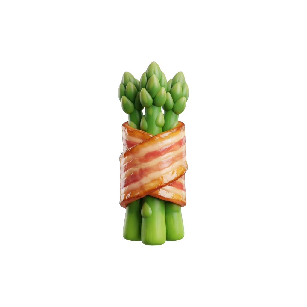 A bundle of green asparagus wrapped with cooked bacon strips