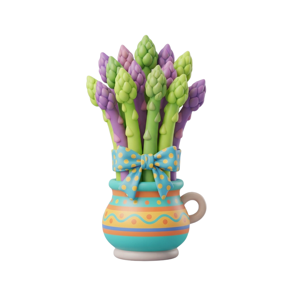 Ceramic vase with green and purple asparagus-shaped flowers and a blue bow with yellow dots