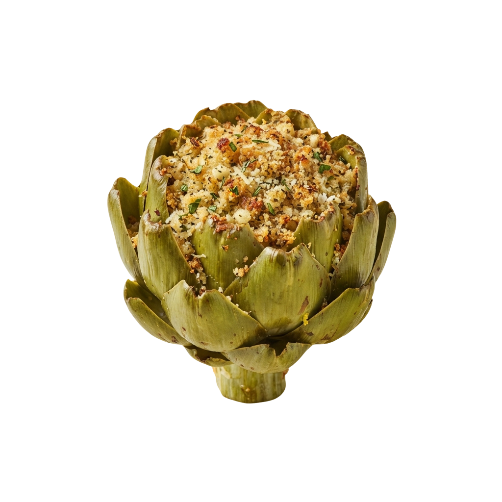A whole artichoke topped with golden breadcrumbs, cheese, and herbs.