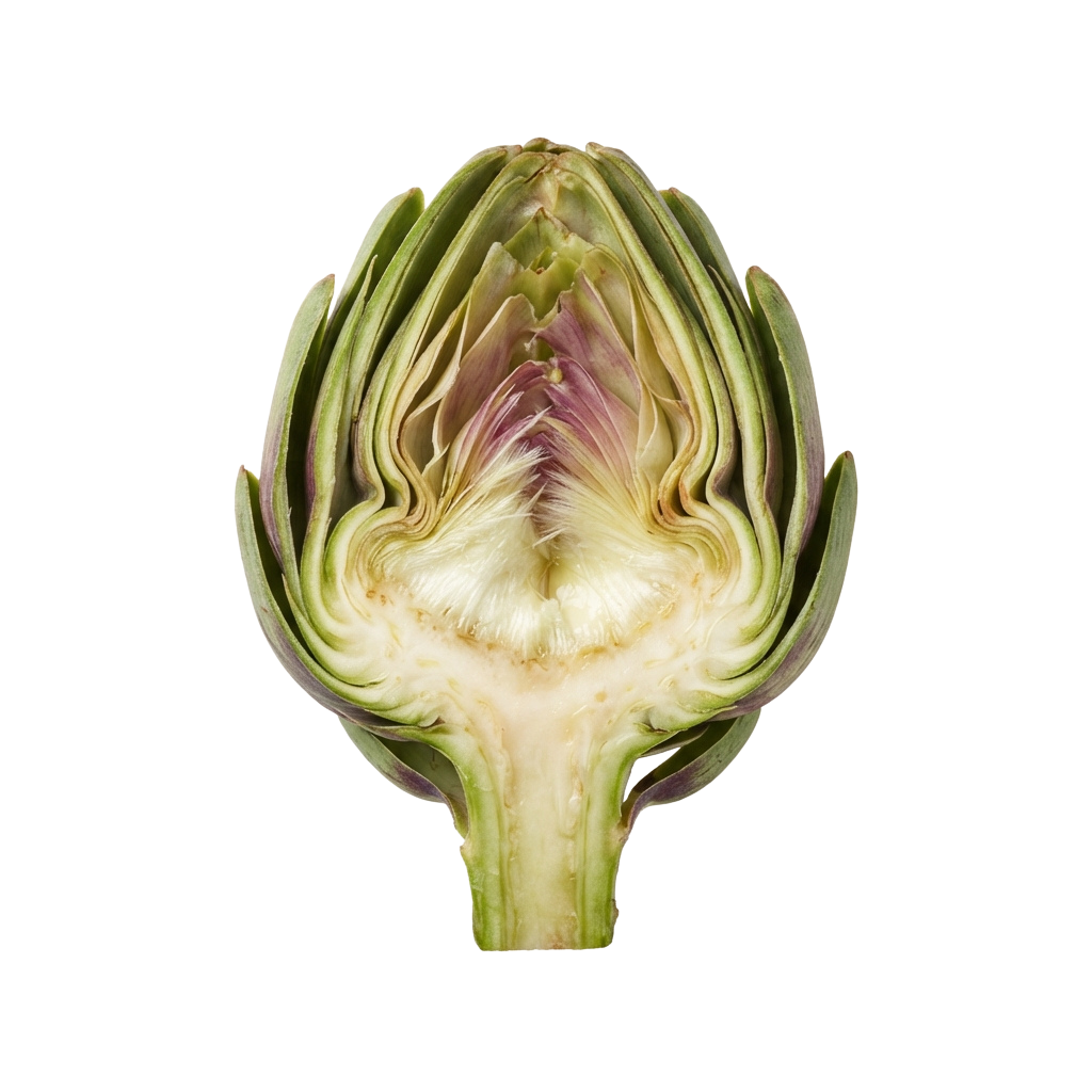 A cut-open artichoke showing its layered leaves, fuzzy center, and pale inner heart.