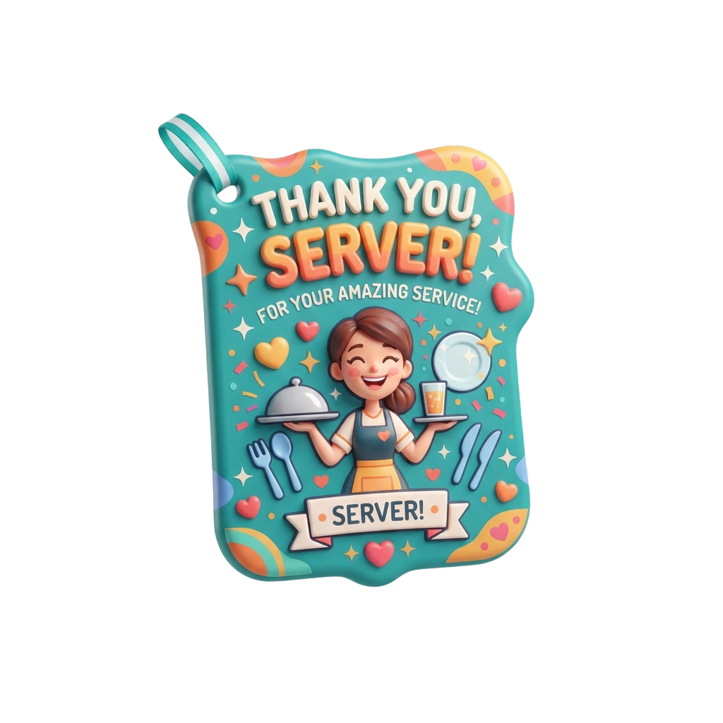 Colorful keychain thanking a server with a smiling cartoon character holding a tray with food and drink