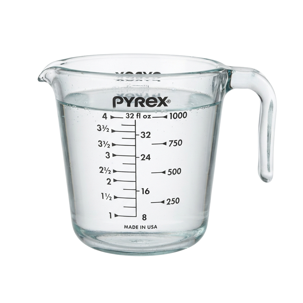 Clear glass measuring cup with markings for cups, fluid ounces, and milliliters, made in USA