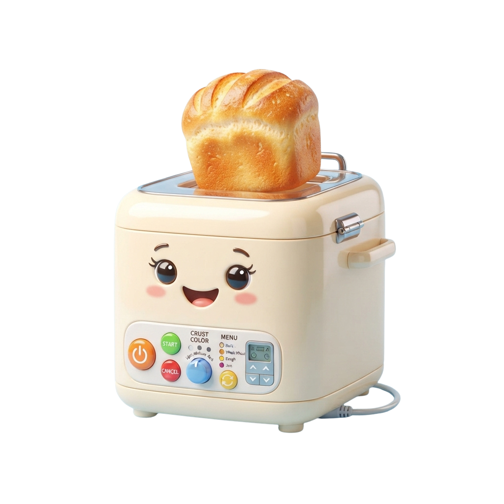 A smiling cartoon toaster with a slice of toasted bread on top