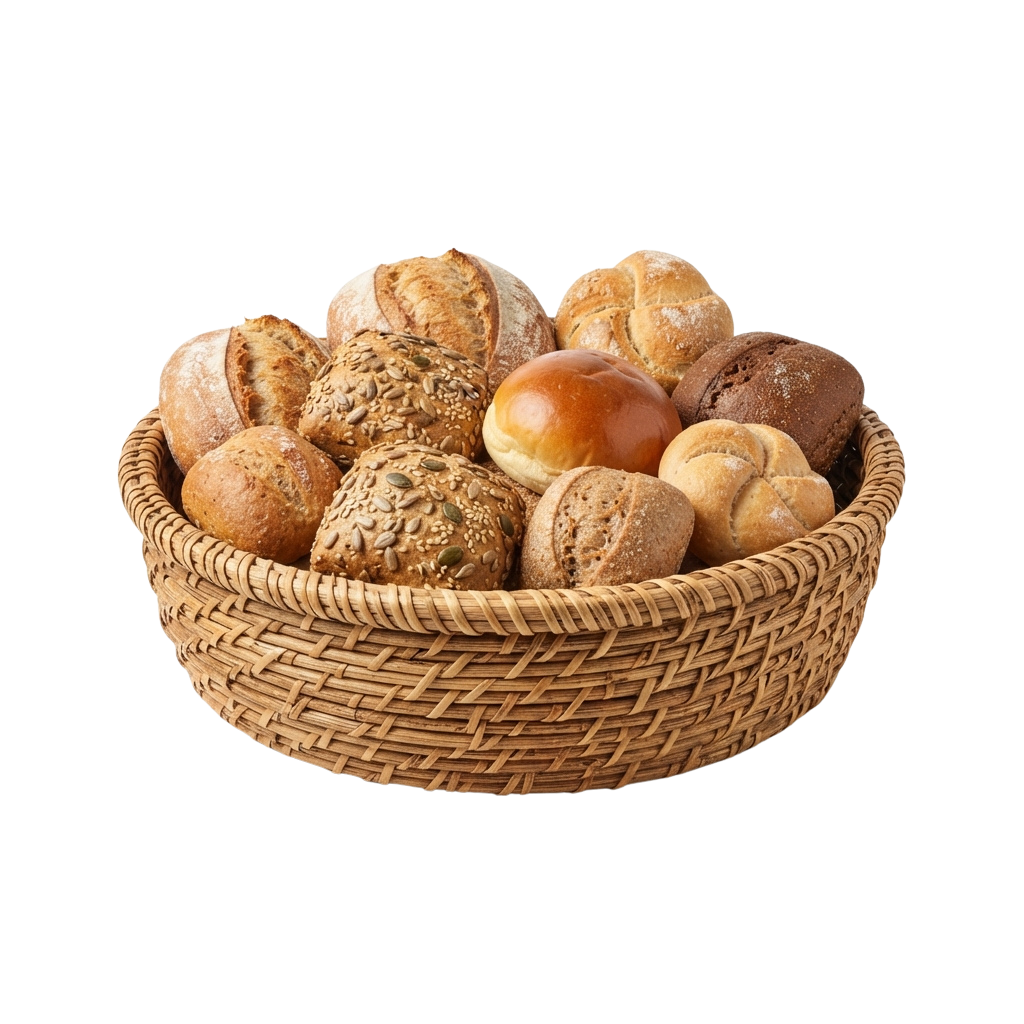 A wicker basket filled with various types of freshly baked breads including round loaves, rolls, and a sesame seed bread.