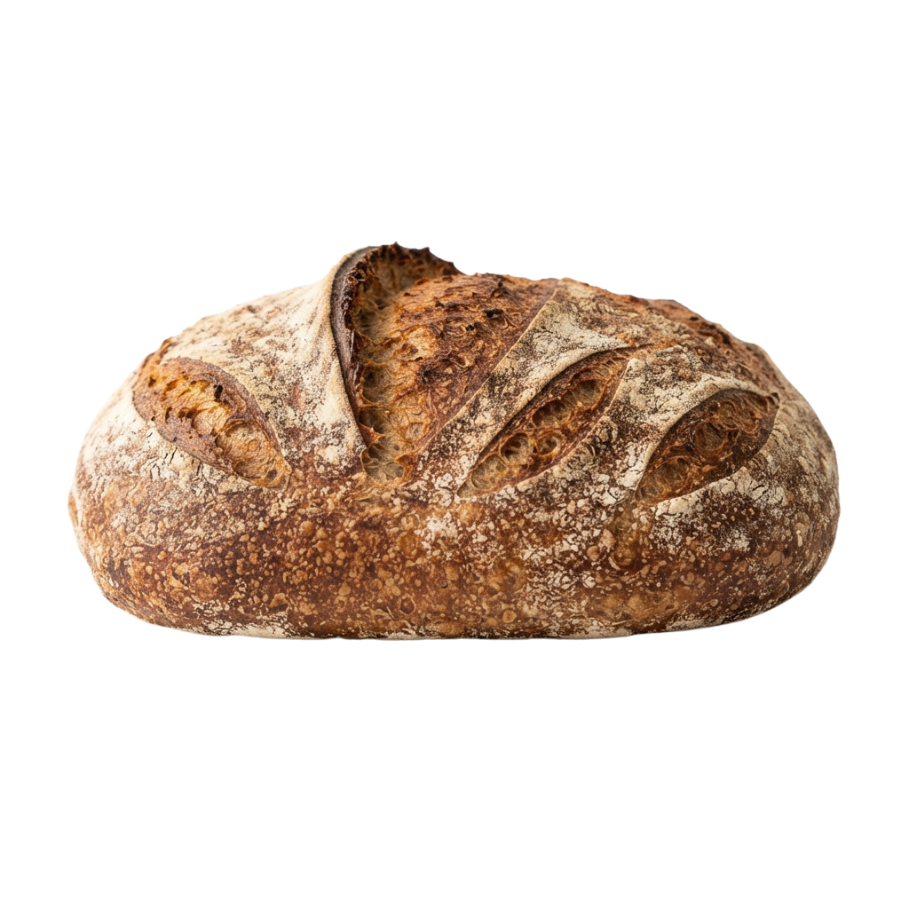 A rustic sourdough bread loaf with a dark, speckled crust and two large oval cuts on top.