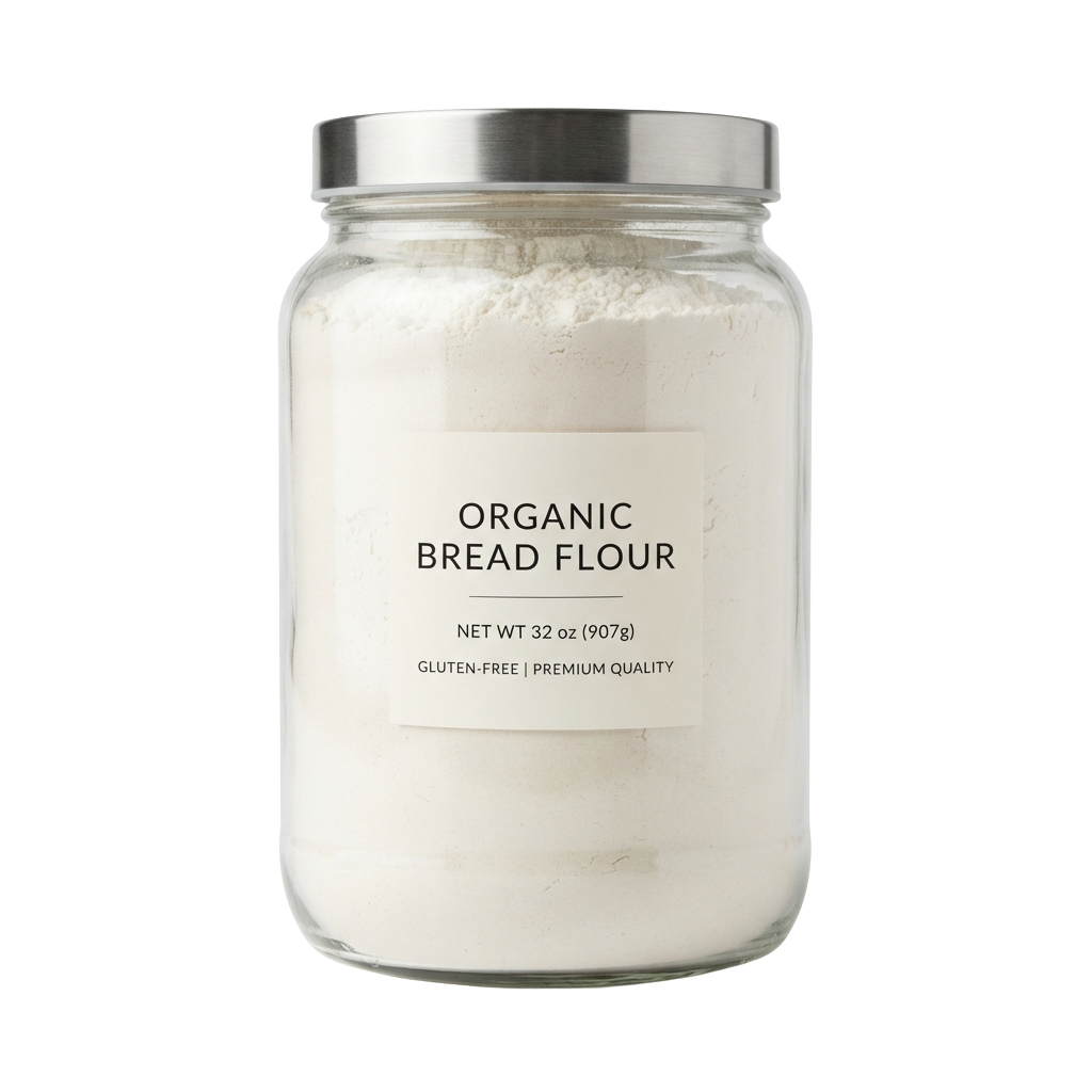 A clear glass jar of organic gluten-free bread flour with a metal lid, labeled with product details.