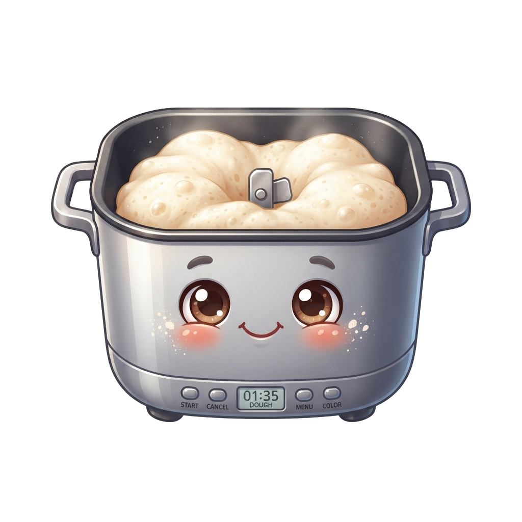 A smiling rice cooker with dough balls rising inside, displaying a timer of 01:35.