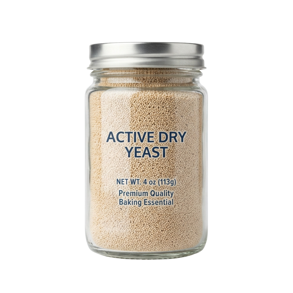 A glass jar filled with active dry yeast, labeled with product details and weight.