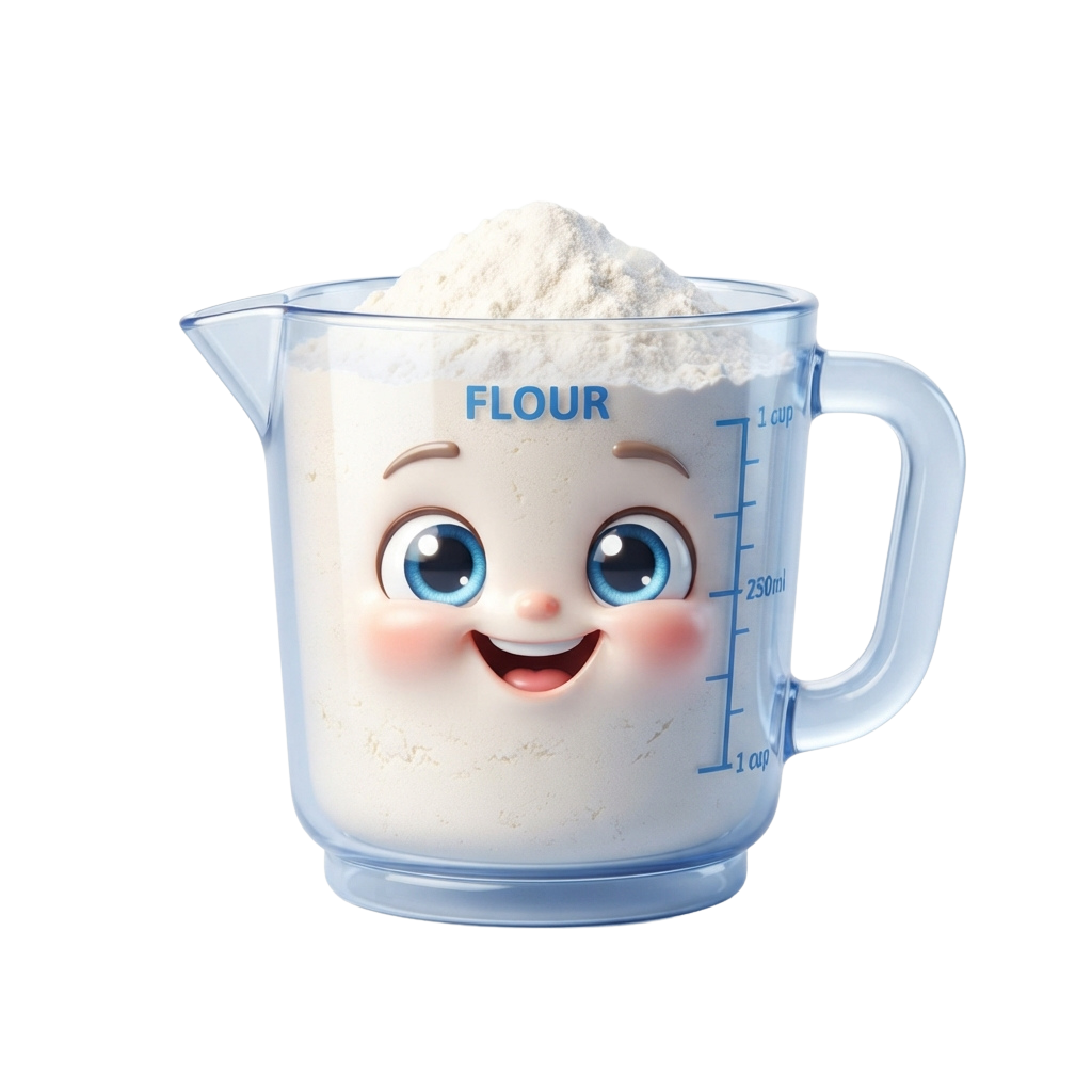 Smiling measuring cup filled with flour, labeled flour, with measurement markings and a handle