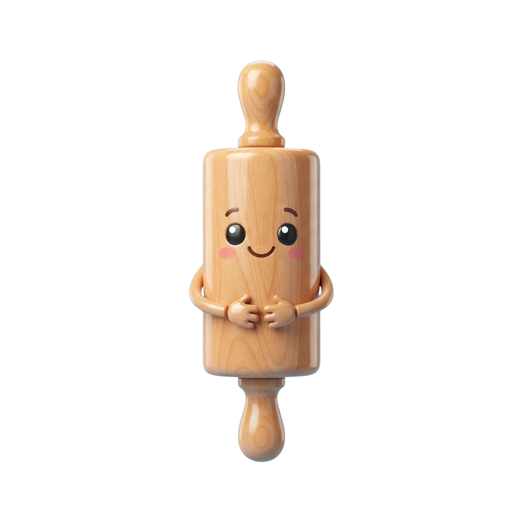 Animated wooden rolling pin with arms, smiling face, and rosy cheeks