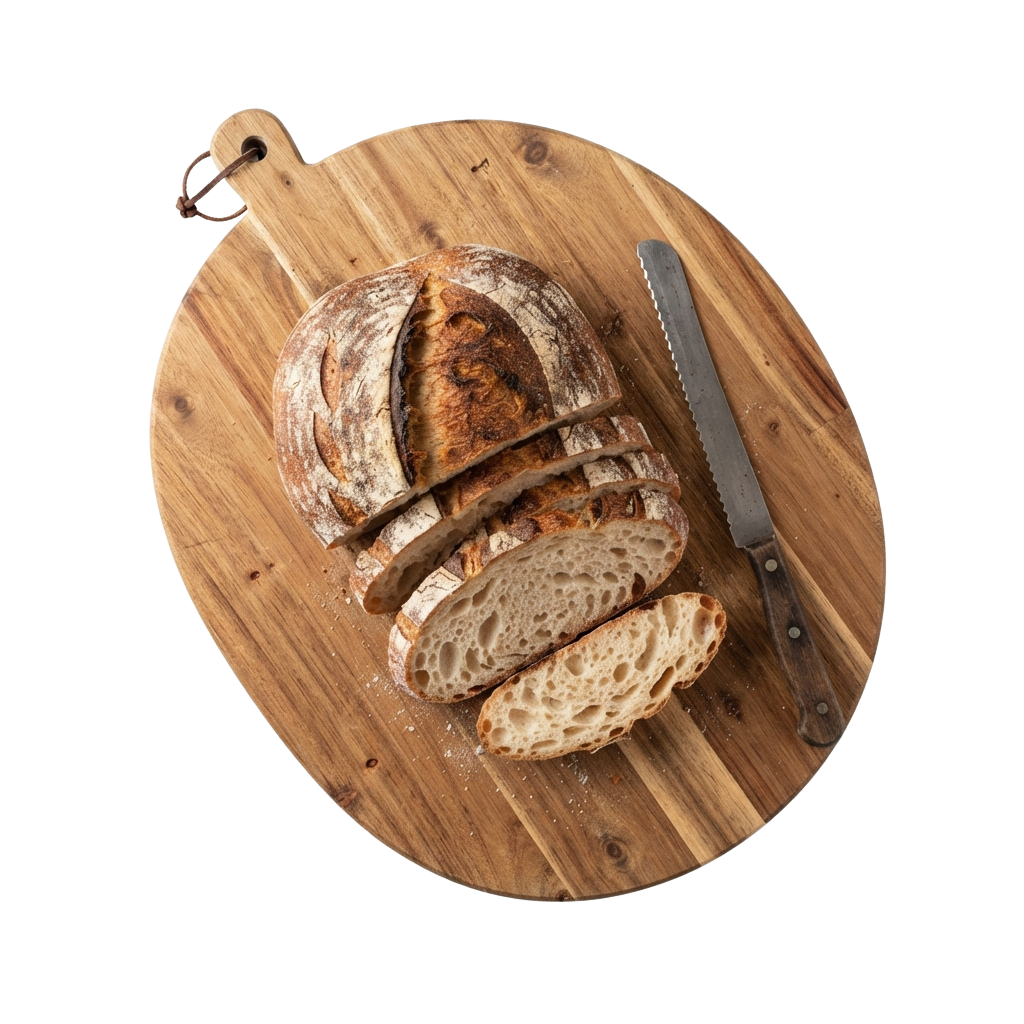 Three slices of rustic sourdough bread on a wooden cutting board with a knife