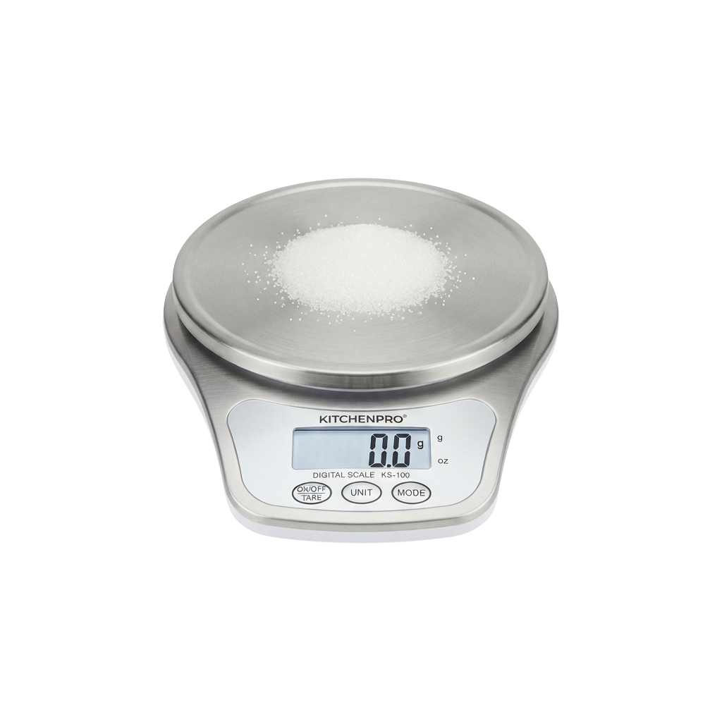 A digital kitchen scale displaying 0.0 grams with a transparent weighing platform on top