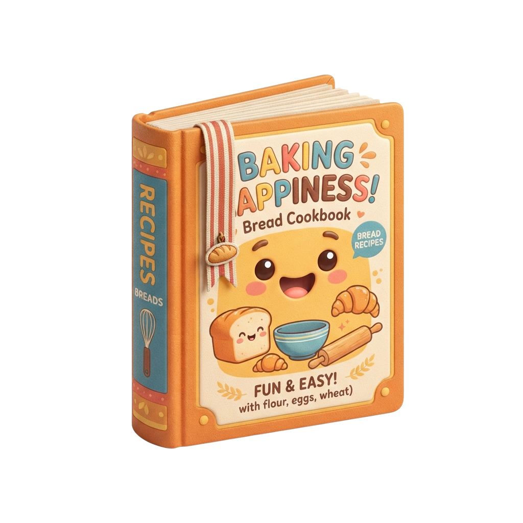 Illustrated children's cookbook cover featuring a smiling emoji character holding bread and a rolling pin