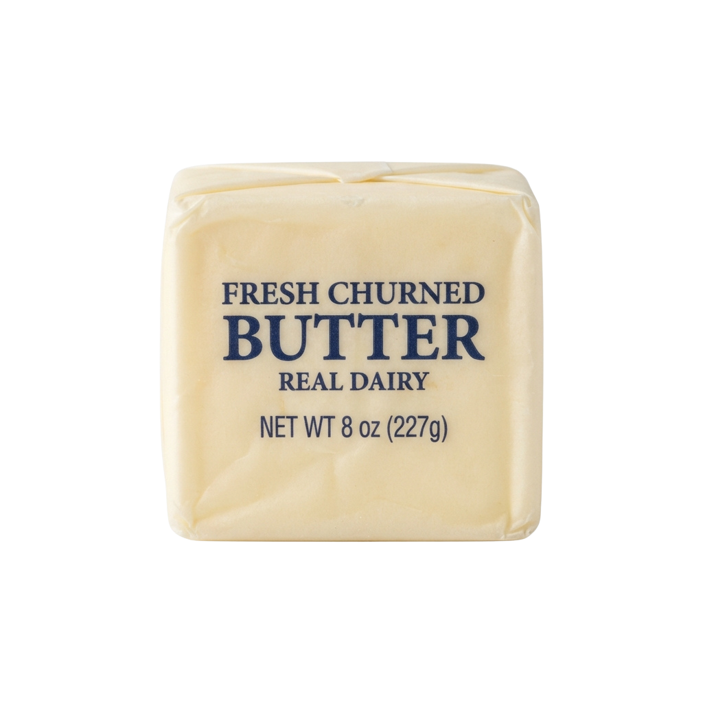 A wrapped block of fresh churned butter labeled real dairy, weighing 8 ounces or 227 grams.