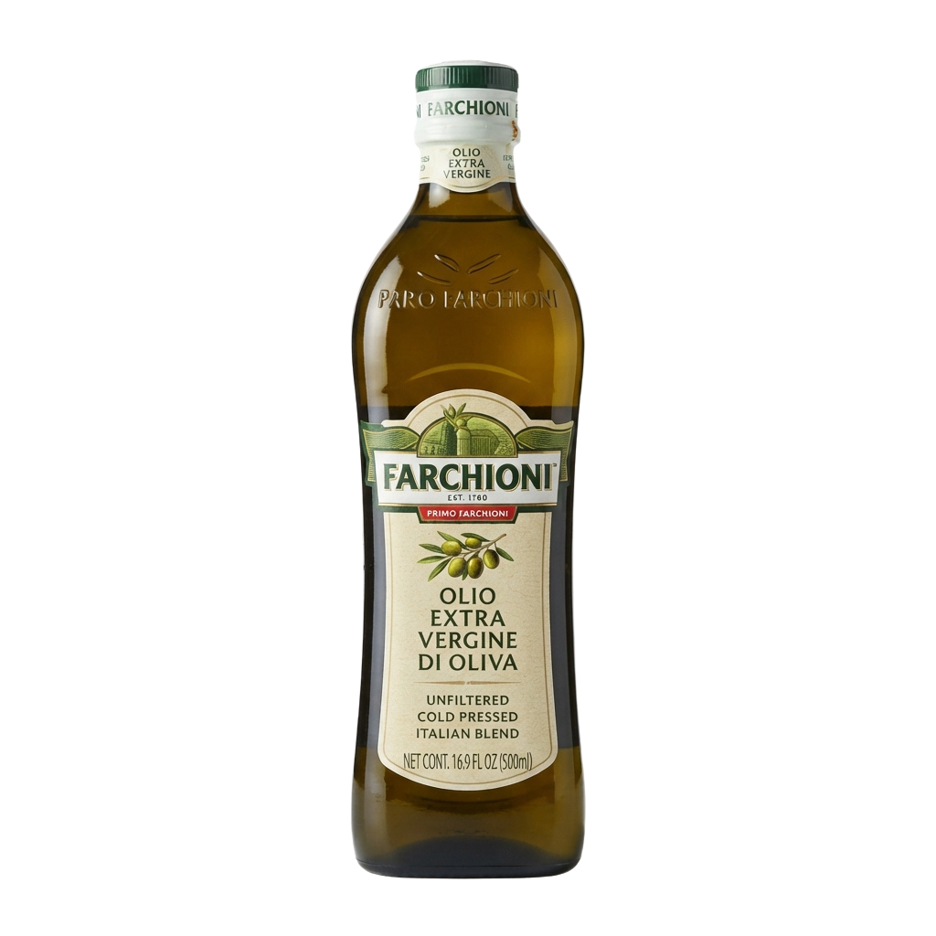 A bottle of extra virgin olive oil labeled Farchioni, showing it is unfiltered, cold pressed, and an Italian blend.