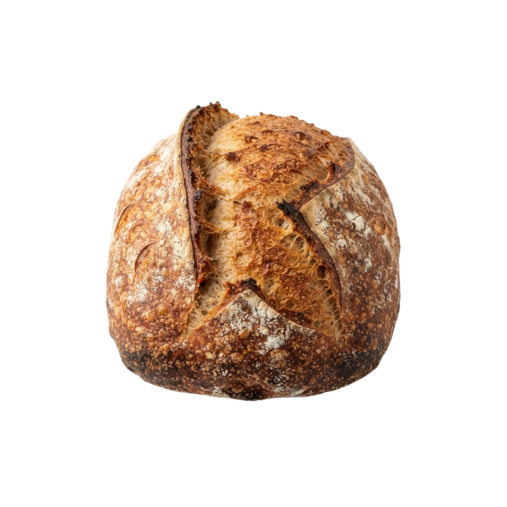 Close-up image of a rustic sourdough bread loaf with a cracked top crust and speckled surface