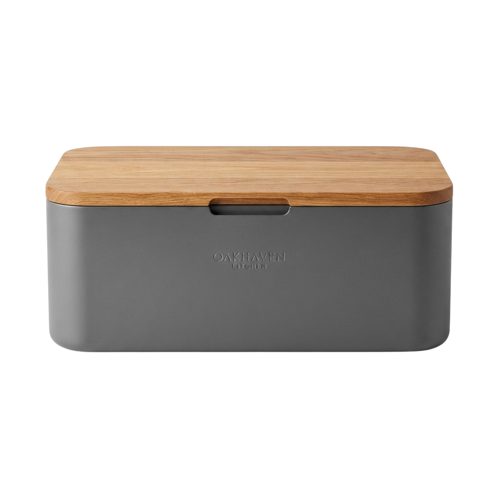 Gray rectangular bread box with wooden lid and handle cutout on front