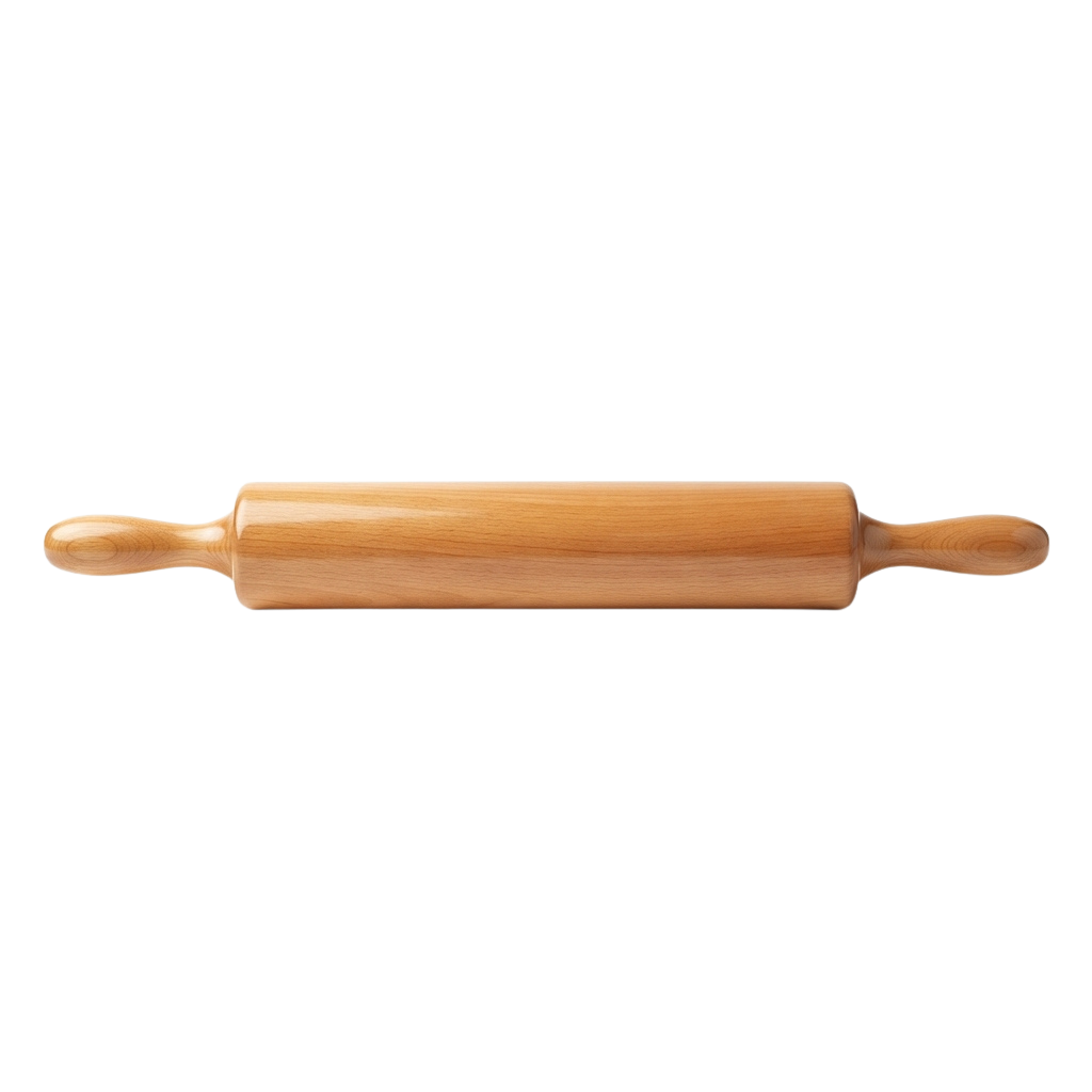 A light-colored wooden rolling pin with rounded ends for rolling dough.