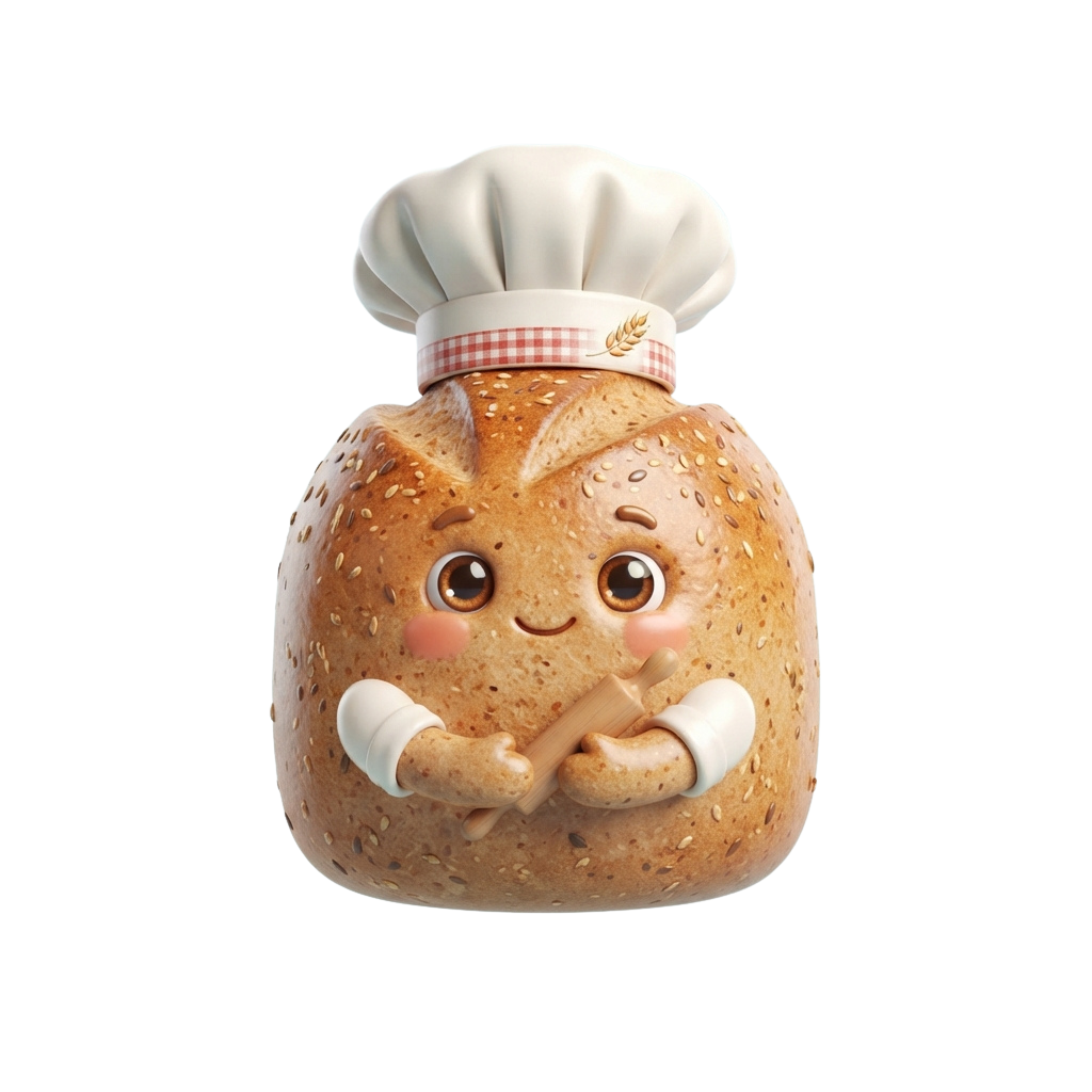 A cheerful cartoon bread loaf wearing a chef hat and crossed arms