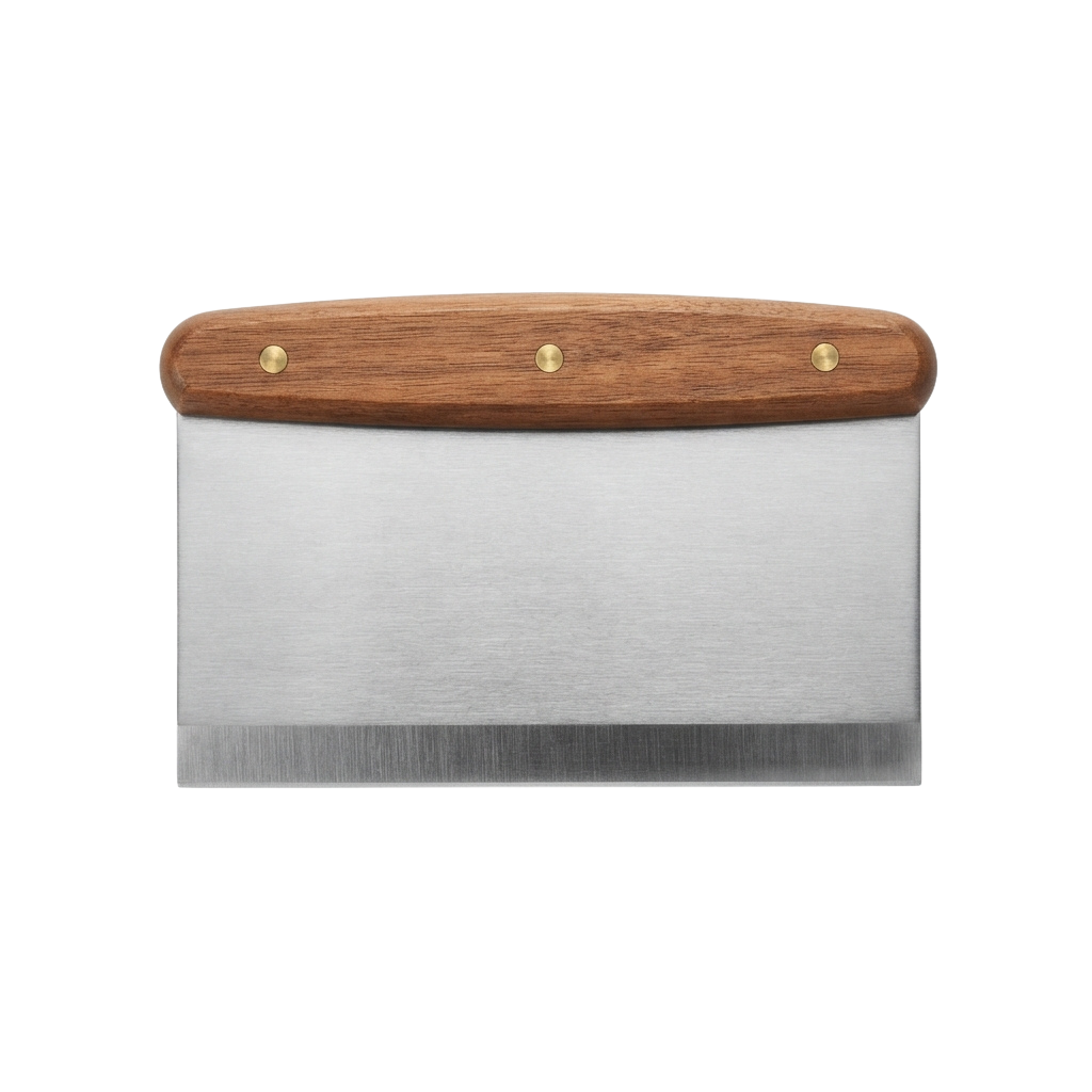 A stainless steel bench plane with a wooden handle and three brass screws securing the handle in place