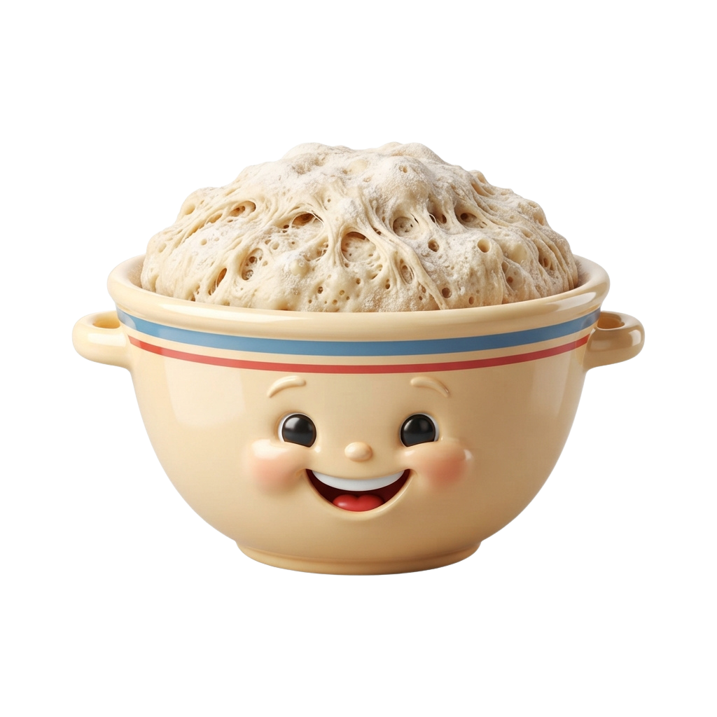 A smiling toy bowl with blue and red stripes containing risen dough.