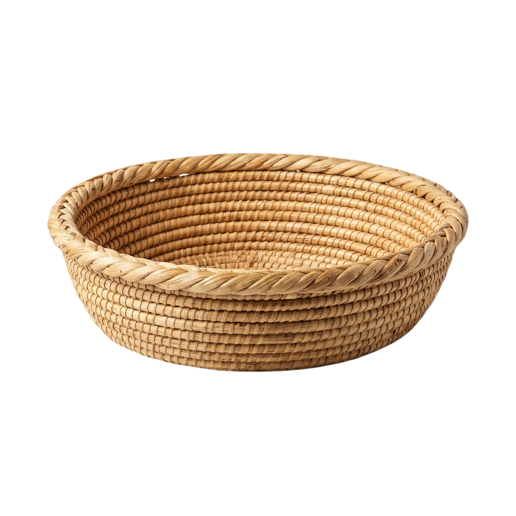 A round, intricately woven basket made from natural fiber material.
