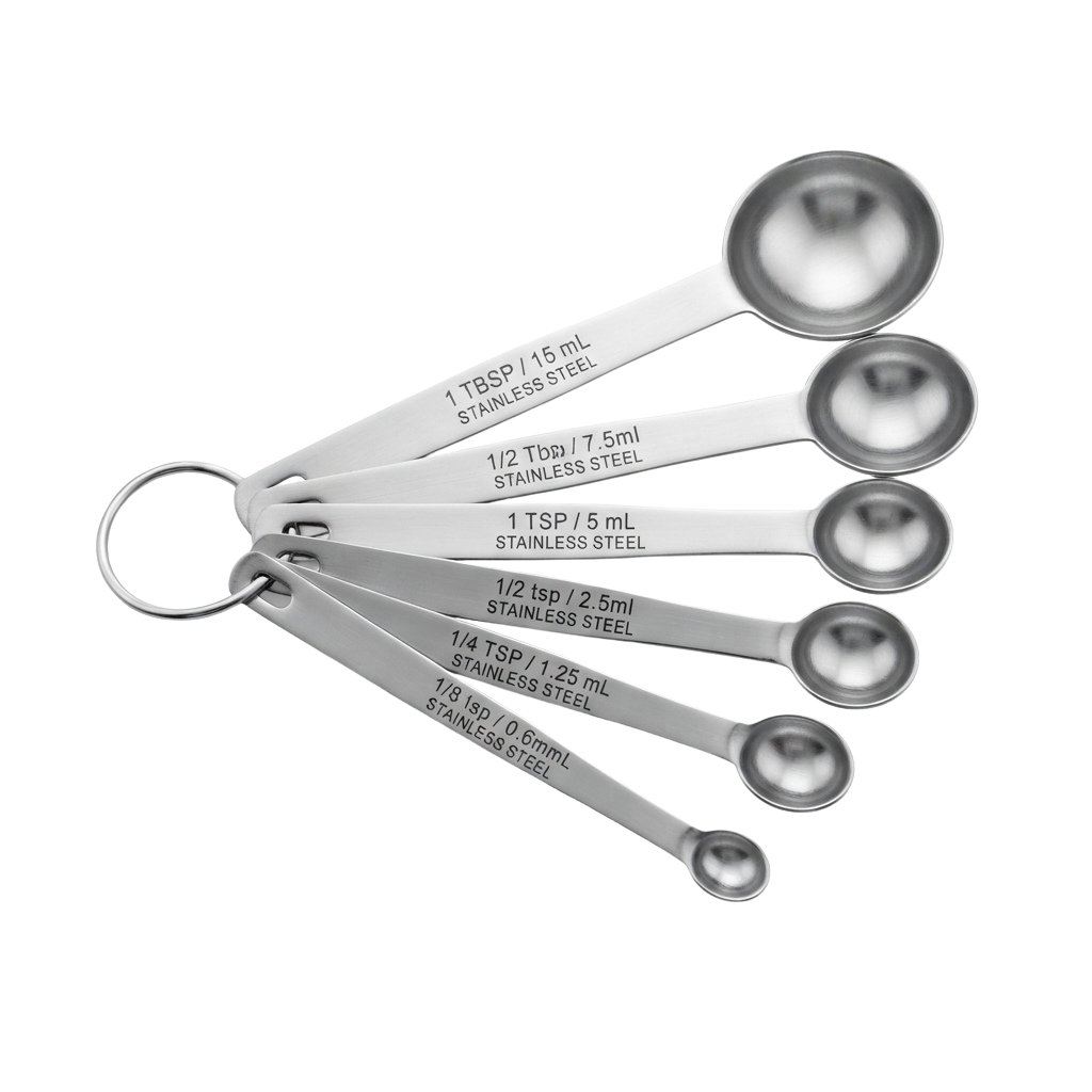 Five stainless steel measuring spoons with handles connected, showing 1 tablespoon to 1 eighth teaspoon measurements.