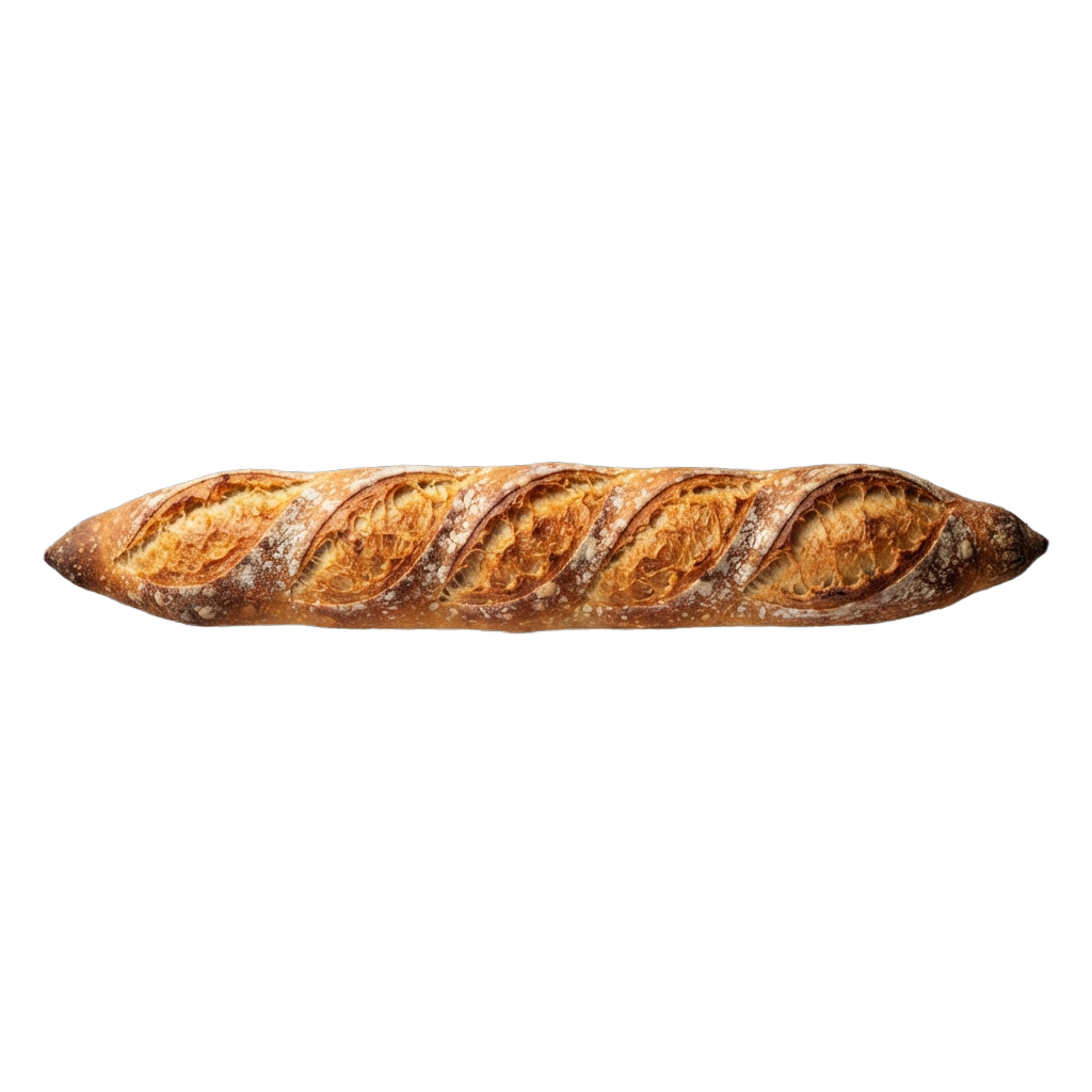 A freshly baked baguette with golden-brown crust and visible internal air pockets.
