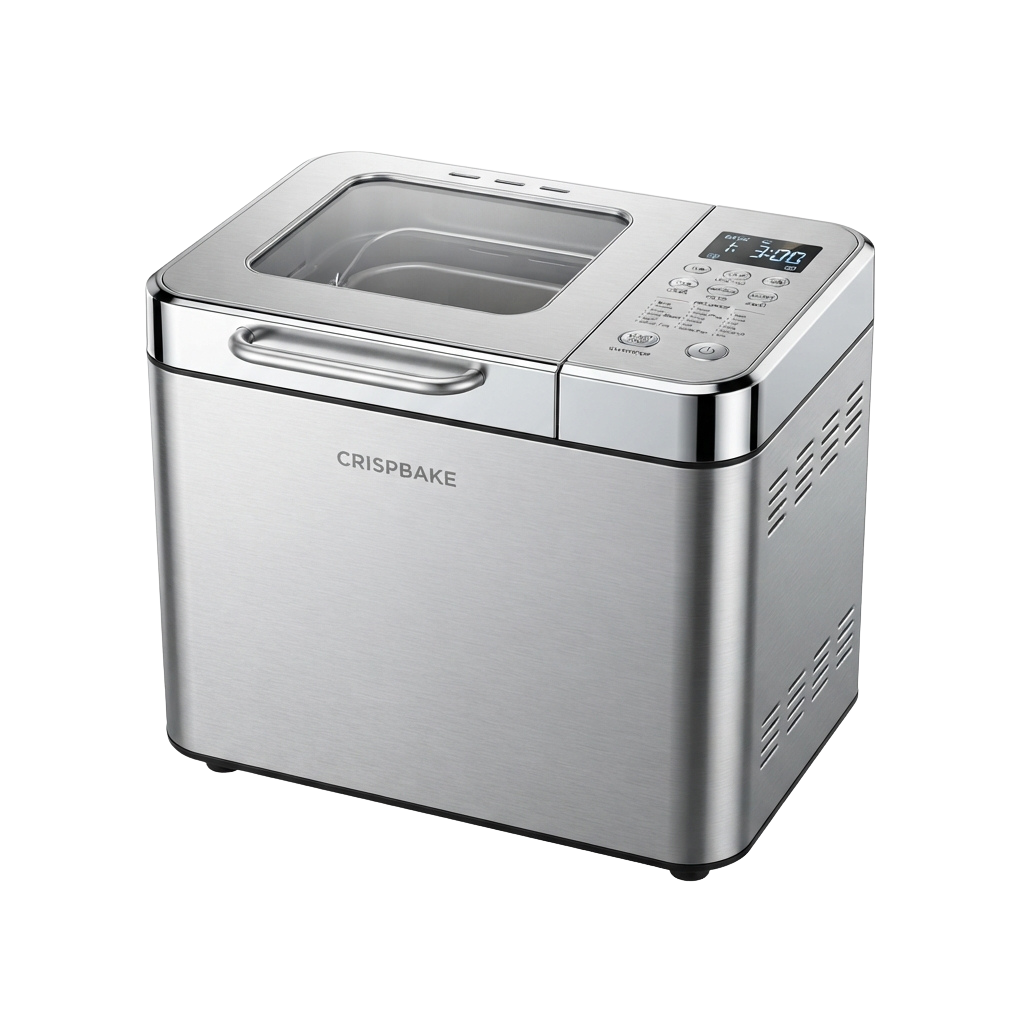 Stainless steel bread maker with digital display and control buttons on top.