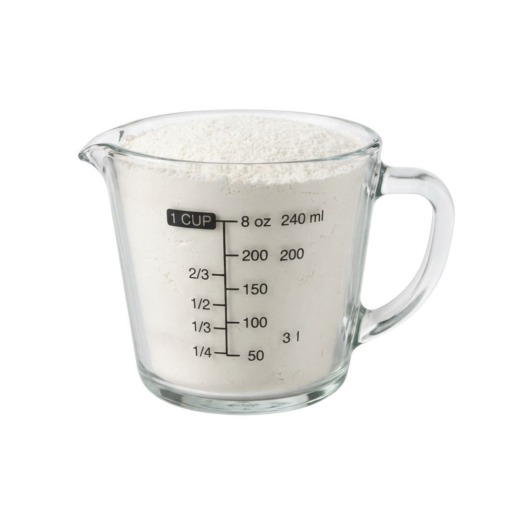 A clear measuring cup filled with powder, marked with cup, ounce, and milliliter measurements.