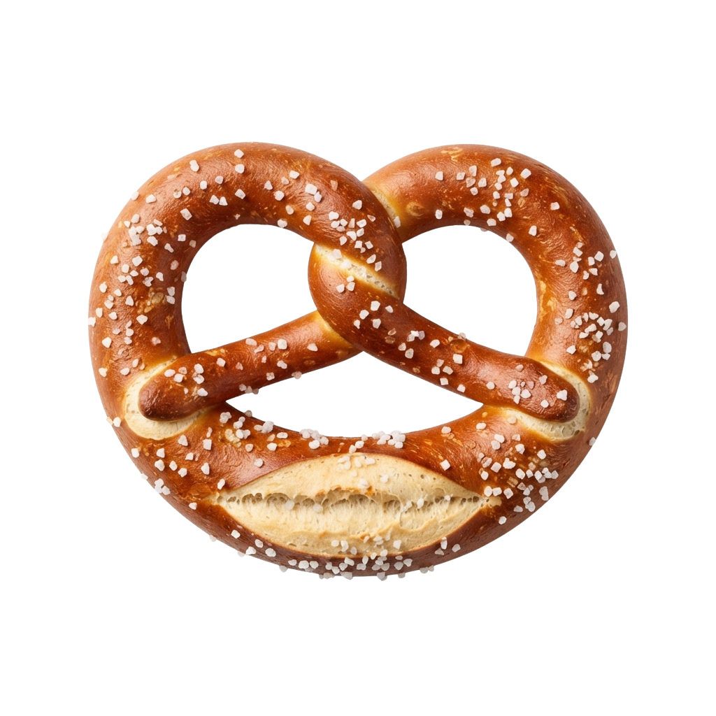 A golden-brown pretzel with a bite taken out, sprinkled with coarse salt crystals.