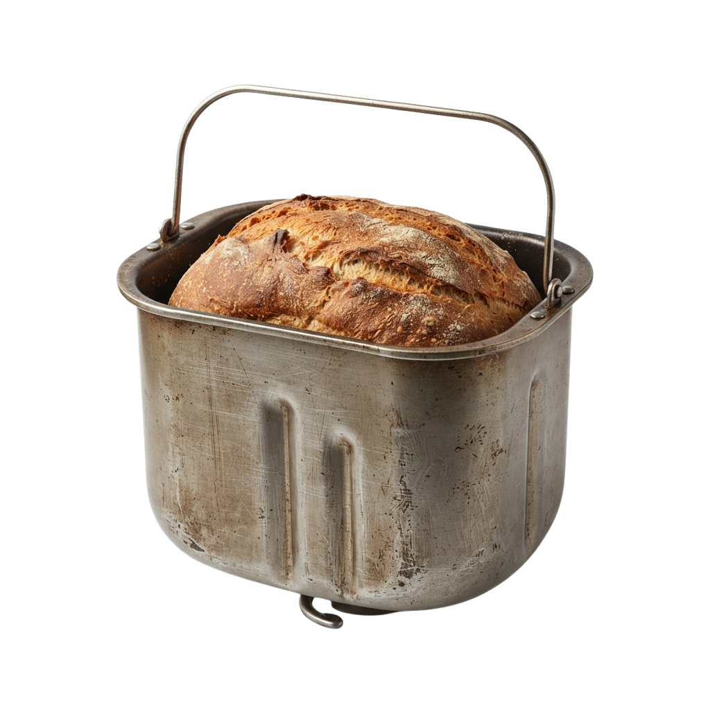 A metal bread pot with two handles containing a freshly baked round loaf of bread.
