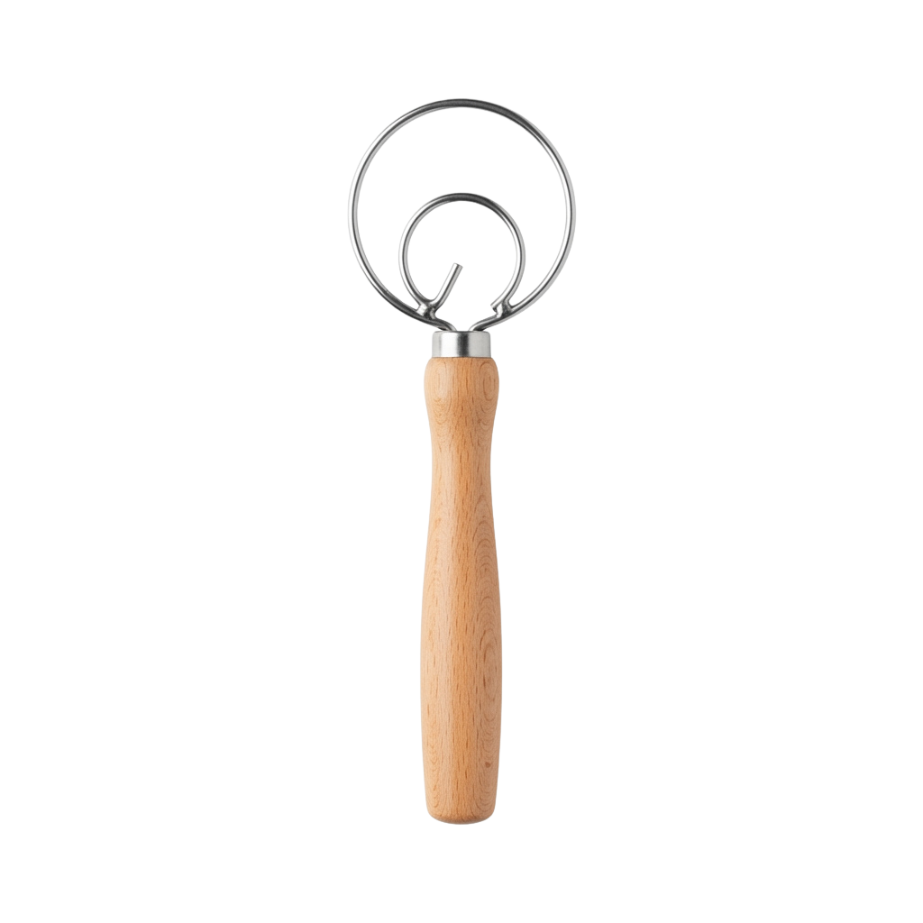 A metal bottle opener with a wooden handle and a spring-loaded cap holder