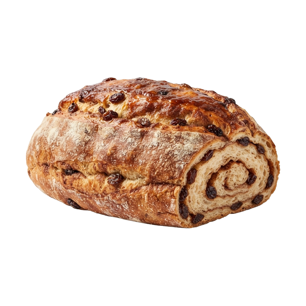 Golden-brown swirled bread with raisins and cinnamon on a plain background