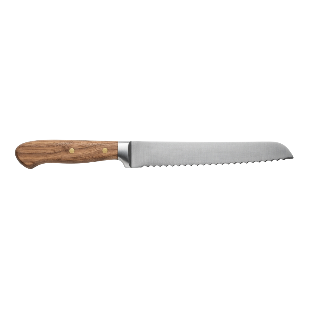 A serrated chef knife with a wooden handle against a black background