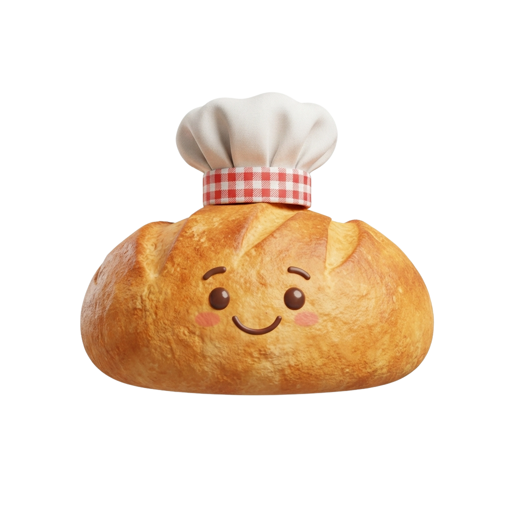 A smiling cartoon bread loaf wearing a chef’s hat and bandana