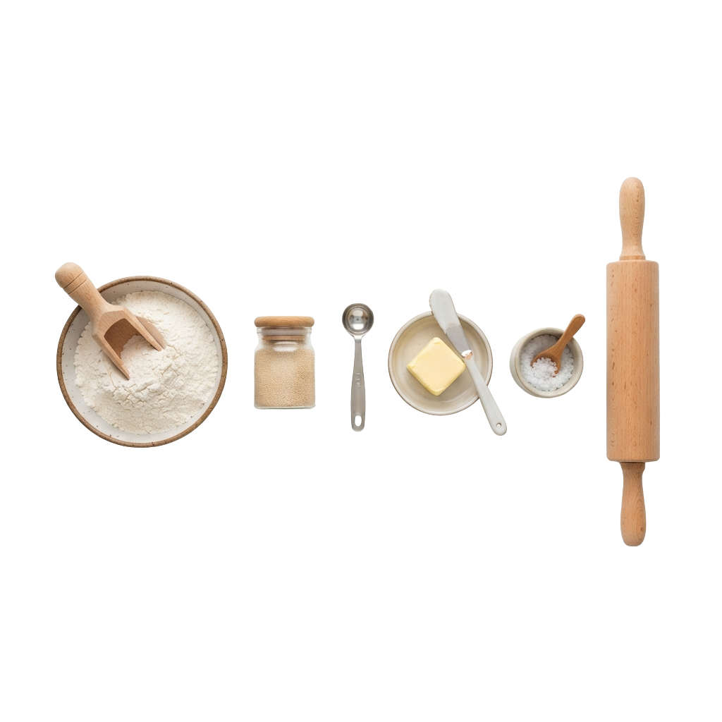 Baking tools including flour in a bowl, sugar jar, measuring spoon, butter with spatula, salt shaker, and rolling pin
