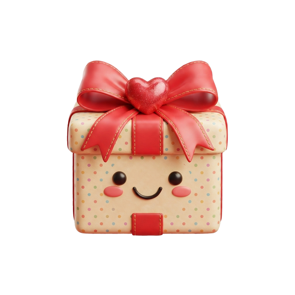 Smiling gift box with a red bow and heart on top against a black background