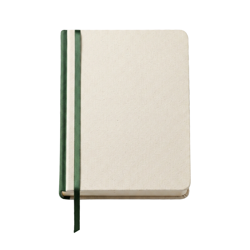 A blank cream-colored notebook with a green elastic band closure standing upright against a black background