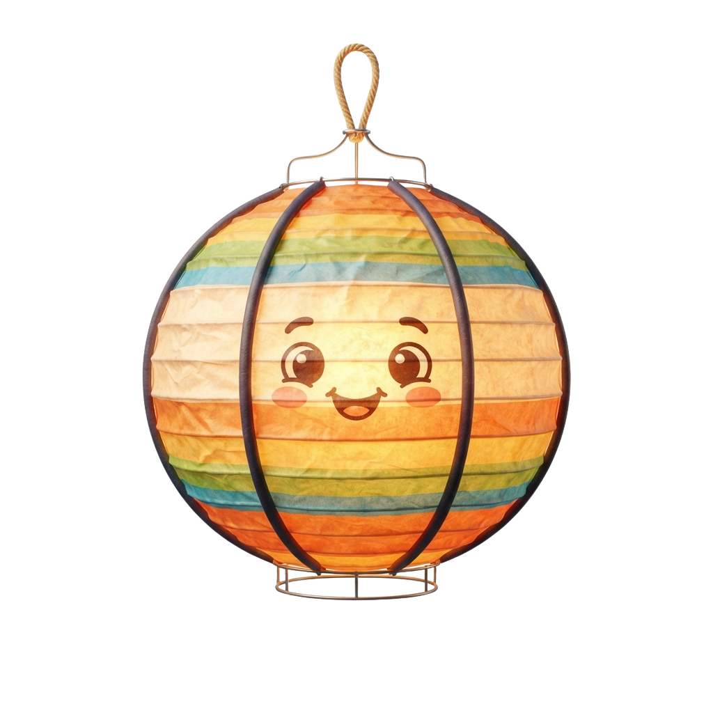 A smiling paper lantern with horizontal orange, yellow, green, and blue stripes hanging from a rope loop