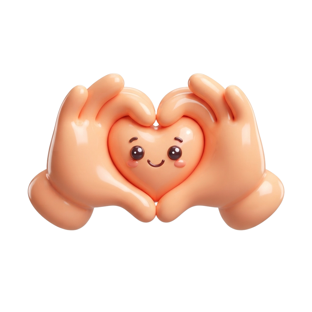 Two cartoon hands forming a heart shape with a smiling face inside the heart