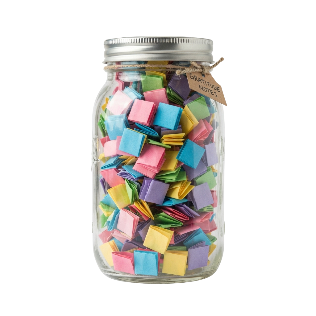 A glass jar filled with colorful folded notes labeled gratitude notes on the lid