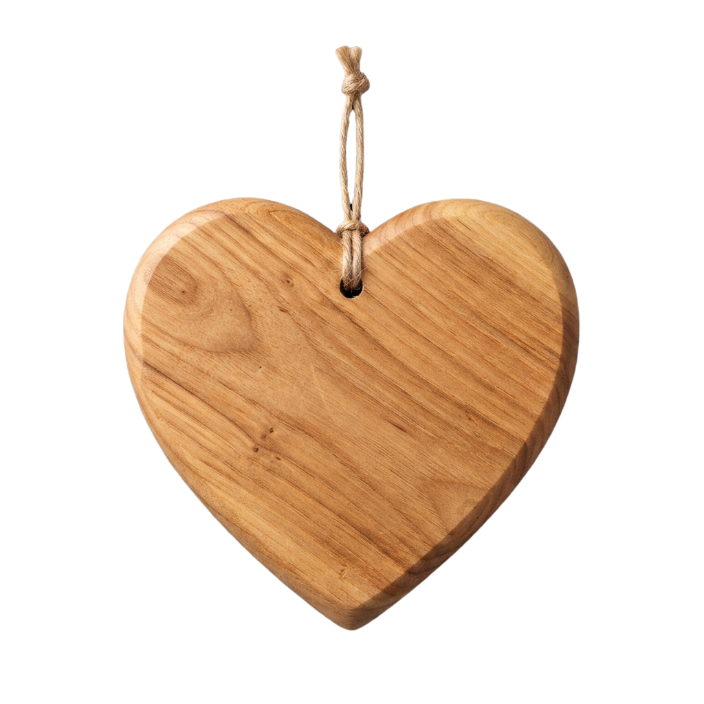 A heart-shaped wooden ornament hanging from a twine loop against a dark background