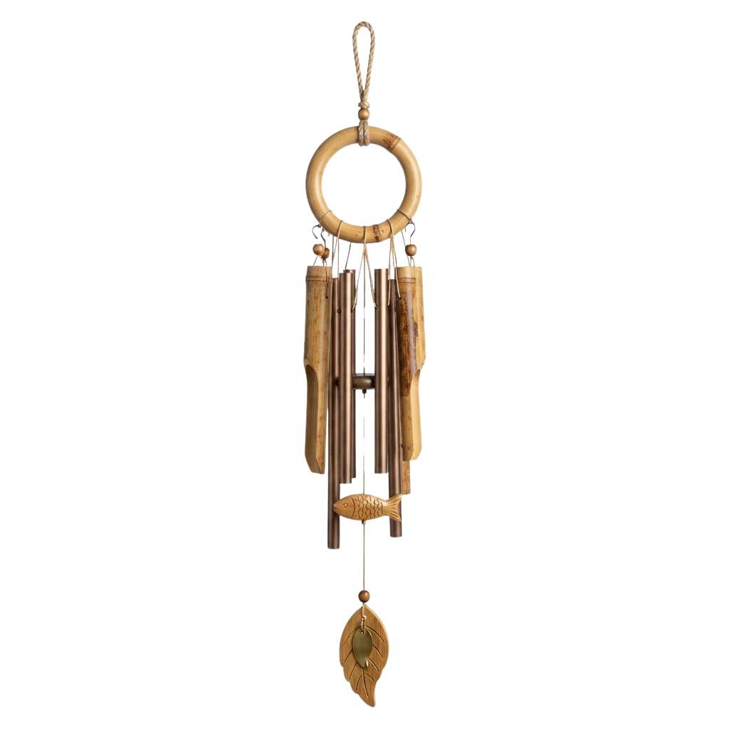 Decorative wooden wind chime hanging with metal tubes and a carved leaf charm