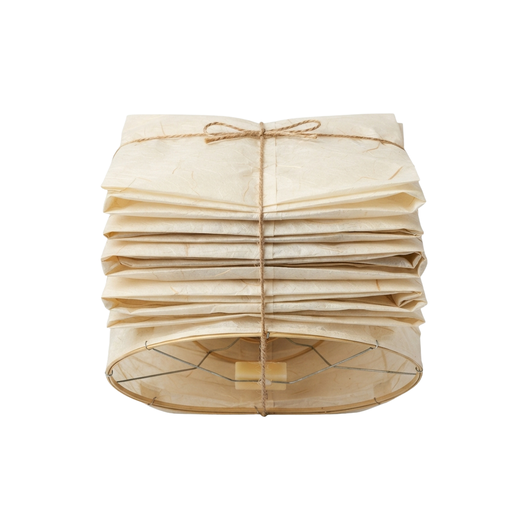 A cylindrical paper lantern tied with twine, featuring a wooden base and light filter at the bottom.