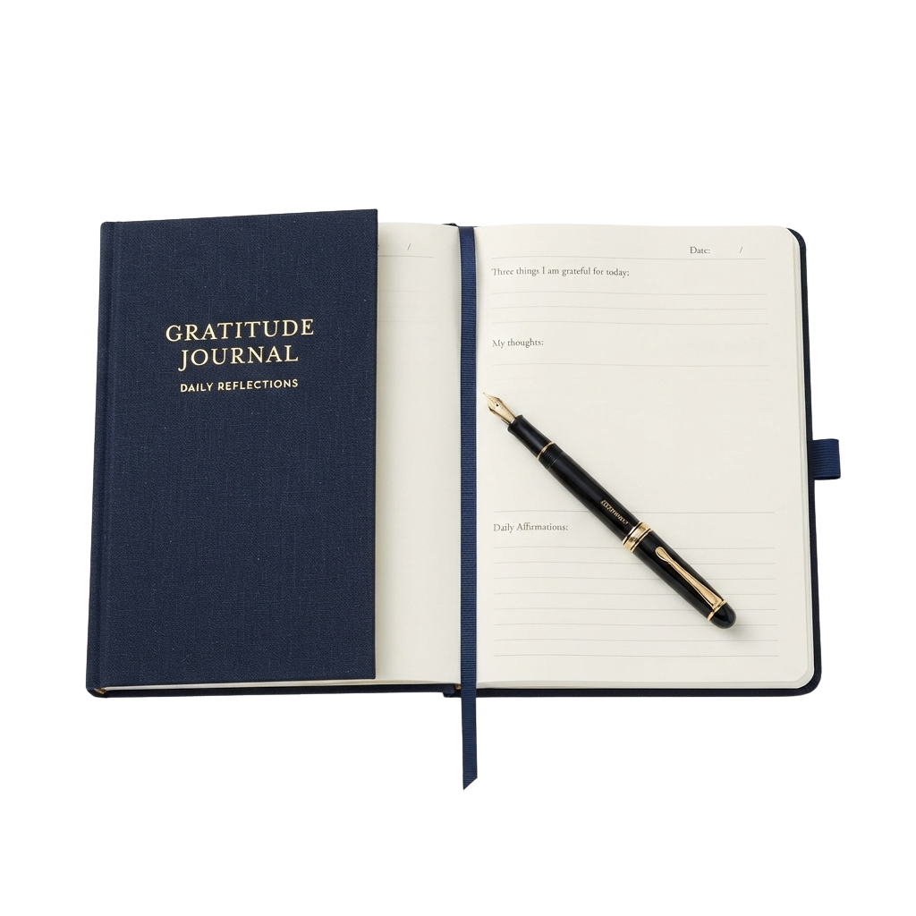 Open gratitude journal showing reflection prompts and a pen resting on the page