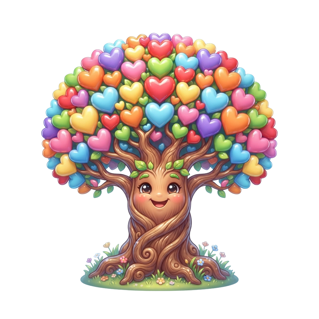 A smiling tree with a face made of intertwined branches, filled with colorful heart-shaped leaves.
