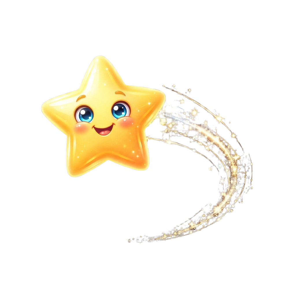 A cheerful yellow star with eyes and a smile, leaving a sparkling, curved trail behind it