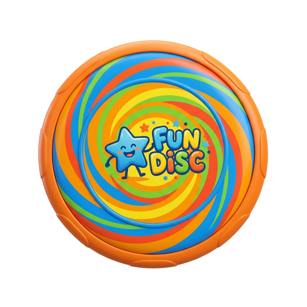 Bright, spiral-patterned frisbee with rainbow colors and the words Fun Disc