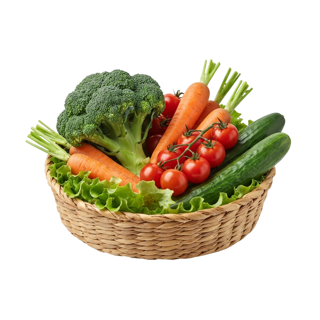 A woven basket filled with fresh broccoli, carrots, tomatoes, lettuce, and cucumbers